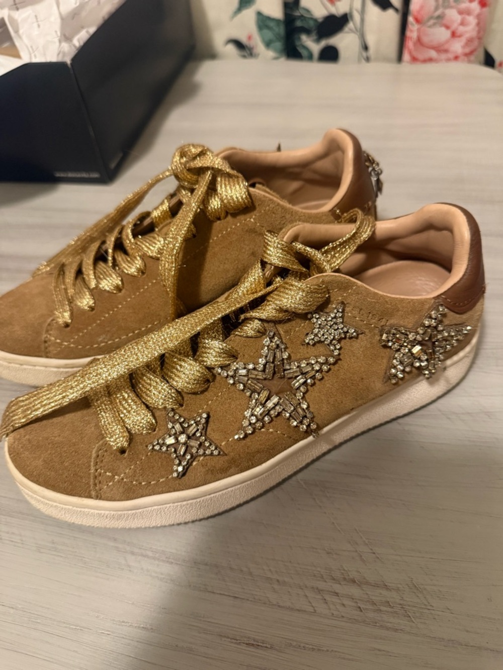 Coach Suede Star-Embellished Sneakers - Gold/Tan